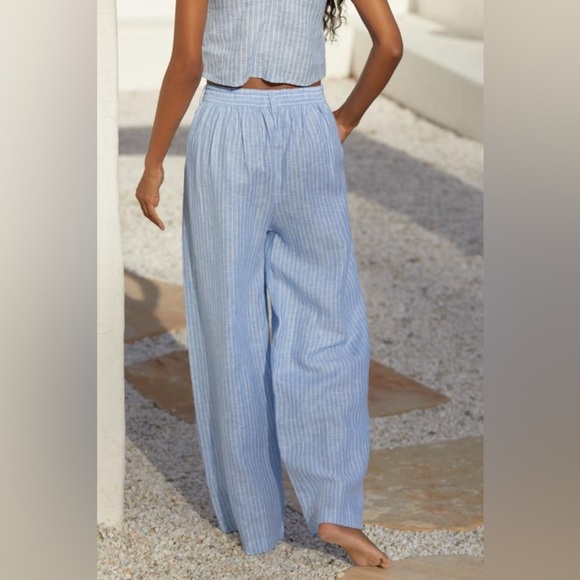 Anthropologie Vitamin A The Getaway Pant 100% Linen Blue Stripes Size Small - Picture 9 of 12